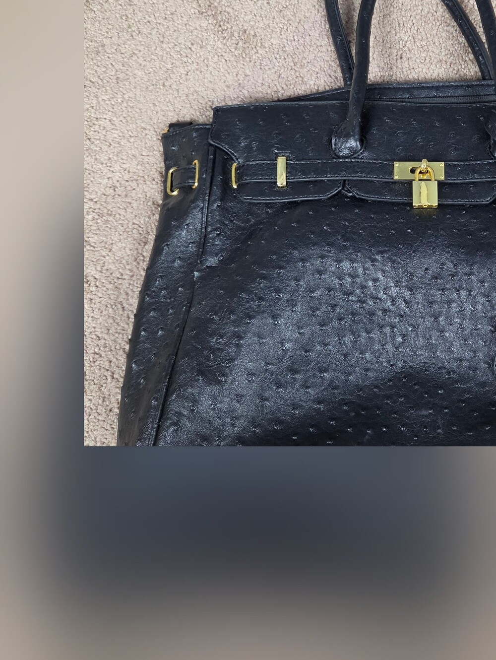 JustFab Black Ostrich-Texture Tote with Gold Hardware